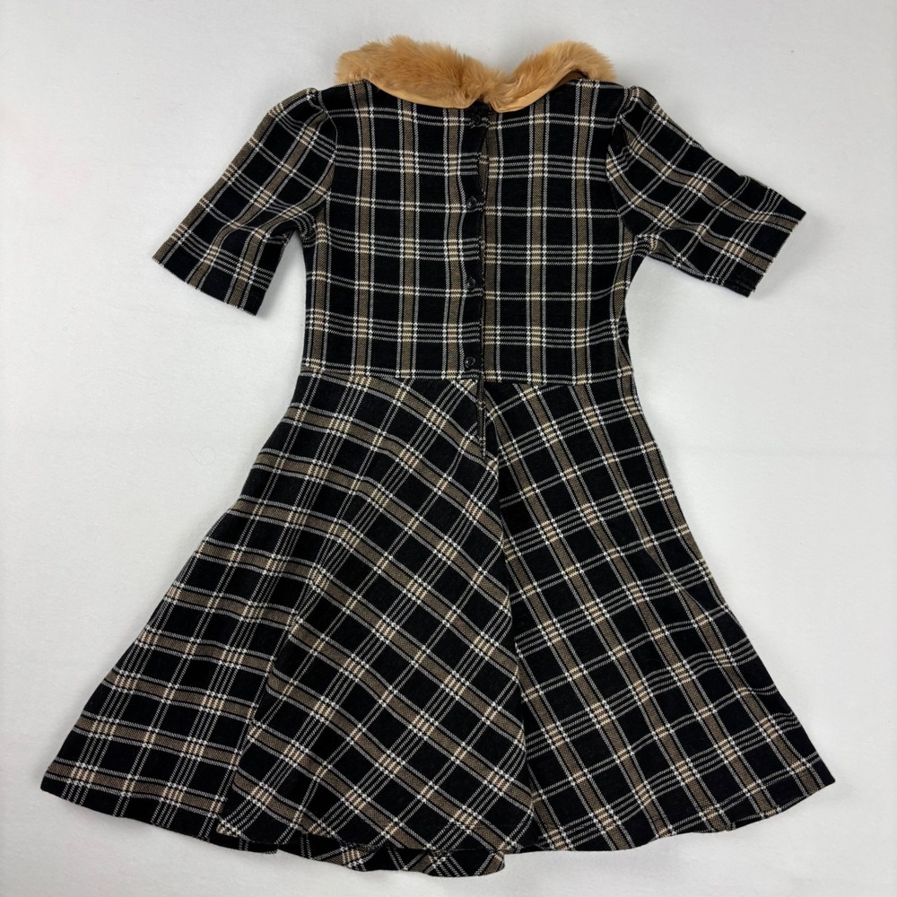 Janie and Jack Girls Plaid Knit Dress Faux Fur Collar Black Tan Size 8 - Picture 4 of 7